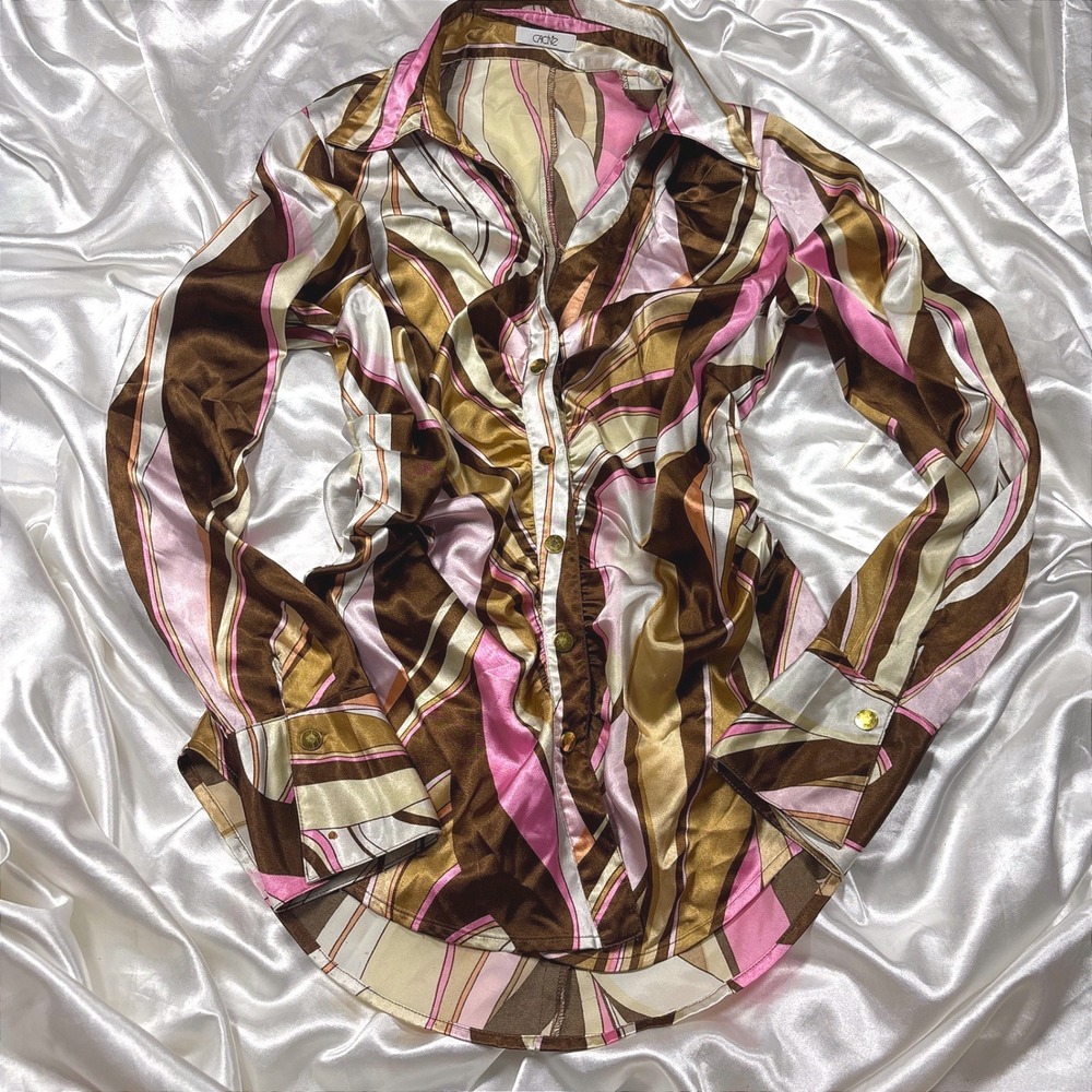 y2k Cache Blouse Brown Pink Good Psychedelic Swirl Ruched Satin Button Down Top